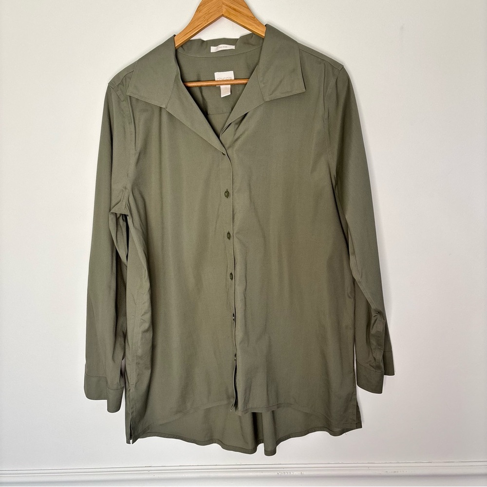 Chico’s 3 No Iron Green Button-Up Shirt Size XL - Timeless Neutral Classic